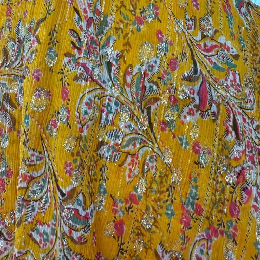 THE KOOPLES FEUILLE D’OR SILK FLORAL METALLIC GOLD YELLOW LONG SLEEVE MINI DRESS - Picture 7 of 15